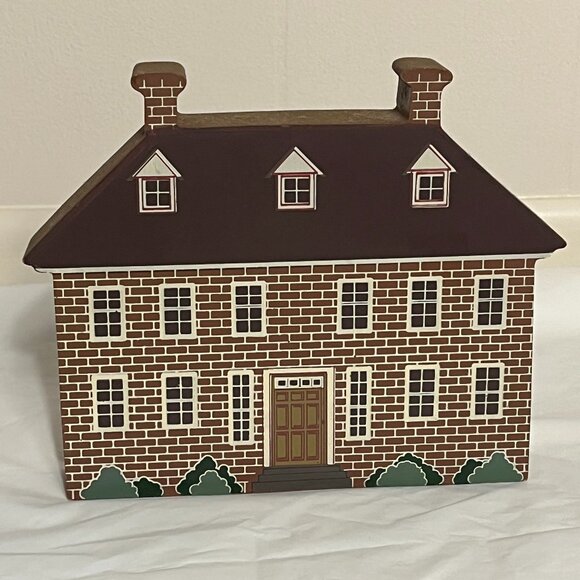 1988 Vintage Enesco Wood Block Painted House Shelf Sitter Brick Chimney - Picture 1 of 6